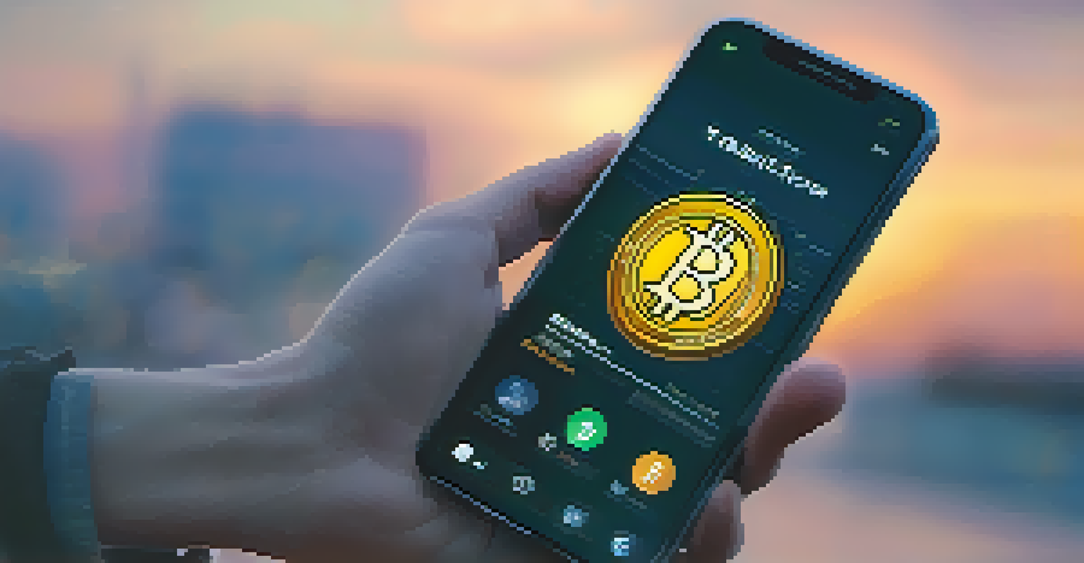 A close-up of a hand holding a smartphone showing a Bitcoin wallet app with a warm light background.