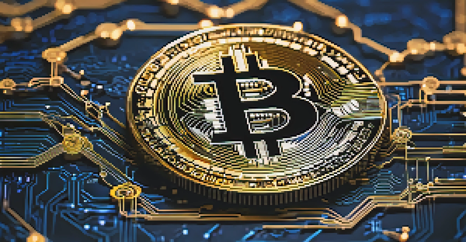 A golden Bitcoin coin floating above a network of blockchain nodes, representing trust and innovation within the cryptocurrency ecosystem.