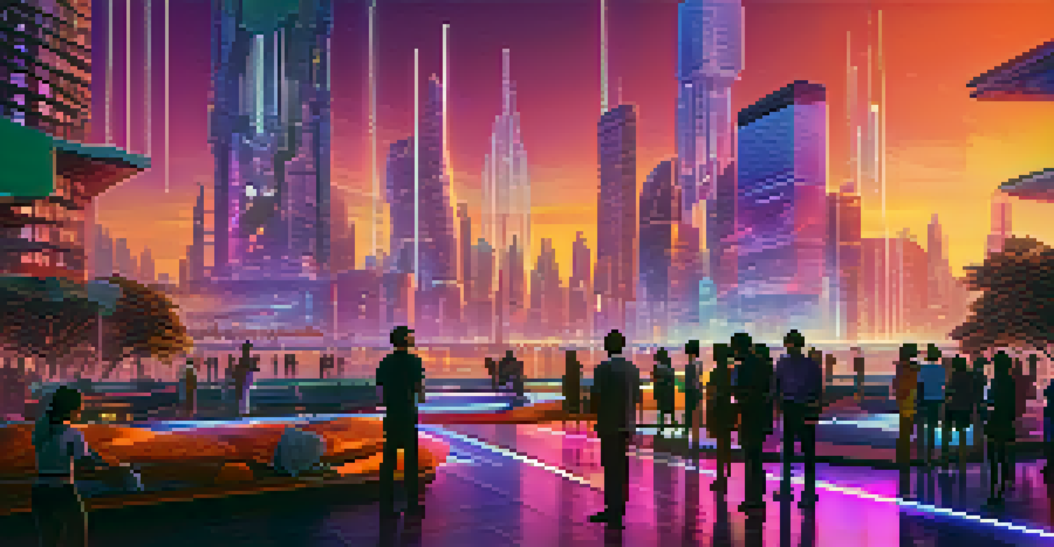 A futuristic city powered by blockchain technology with glowing skyscrapers and diverse people interacting with digital screens.