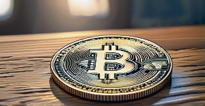 A close-up image of a shiny Bitcoin coin on a wooden table, with soft focus on the background, showcasing the intricate details of the coin in warm natural light.