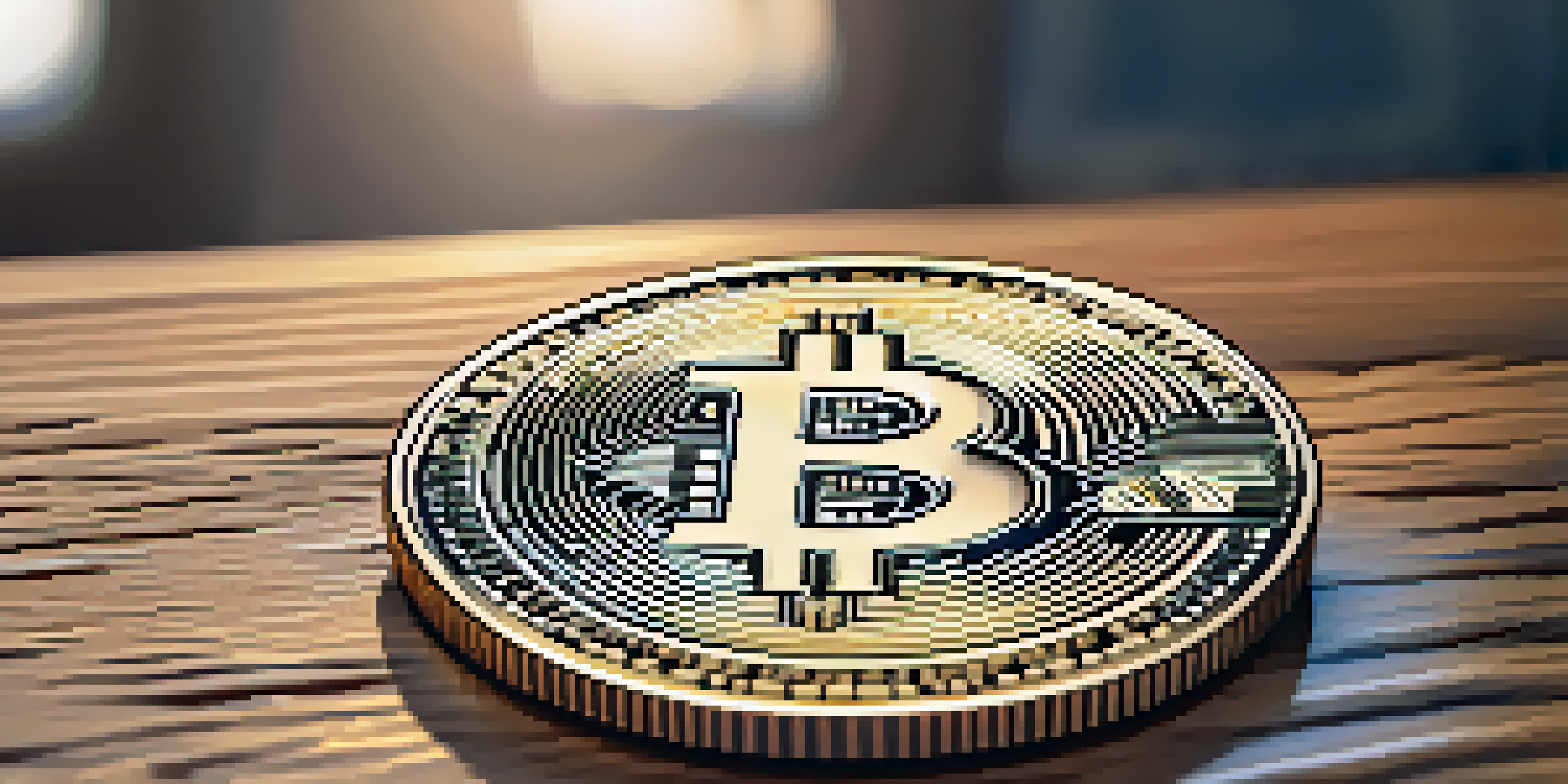 A close-up image of a shiny Bitcoin coin on a wooden table, with soft focus on the background, showcasing the intricate details of the coin in warm natural light.