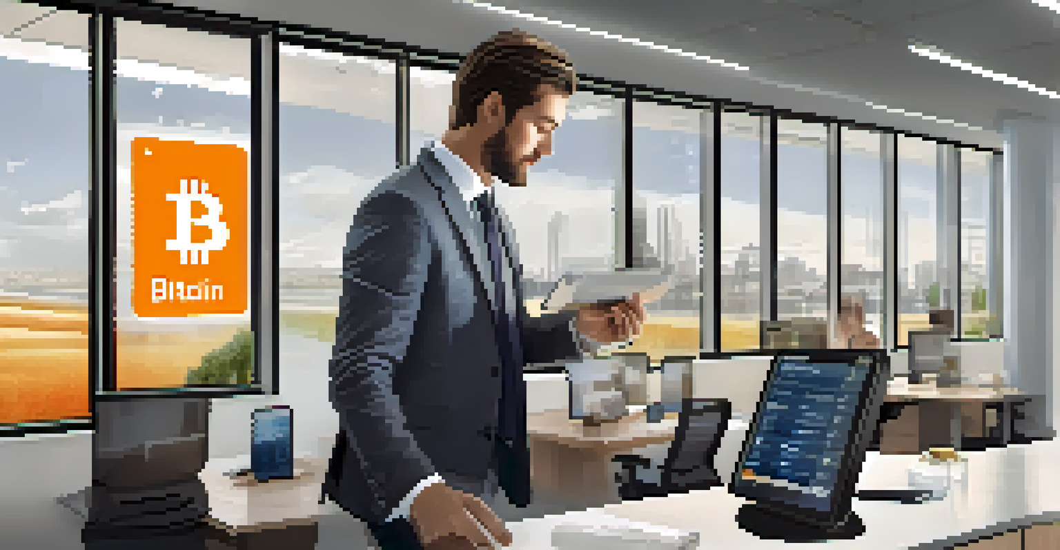 A business owner in a modern office making a Bitcoin payment on a tablet, illustrating instant transactions.