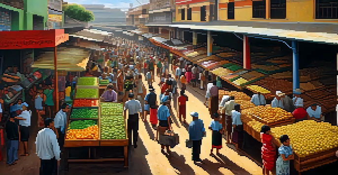 A crowded marketplace in Venezuela with people looking for goods, empty shelves, and a tense atmosphere under bright sunlight.