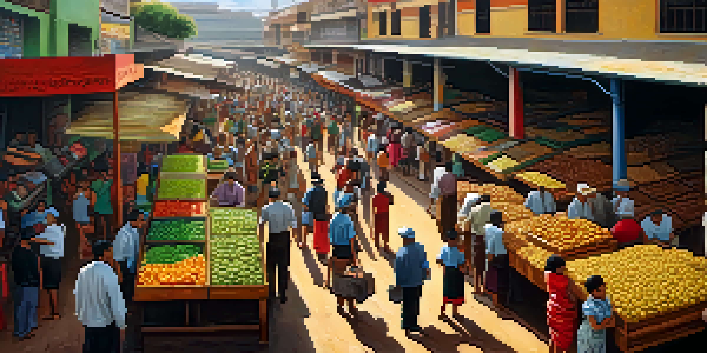 A crowded marketplace in Venezuela with people looking for goods, empty shelves, and a tense atmosphere under bright sunlight.