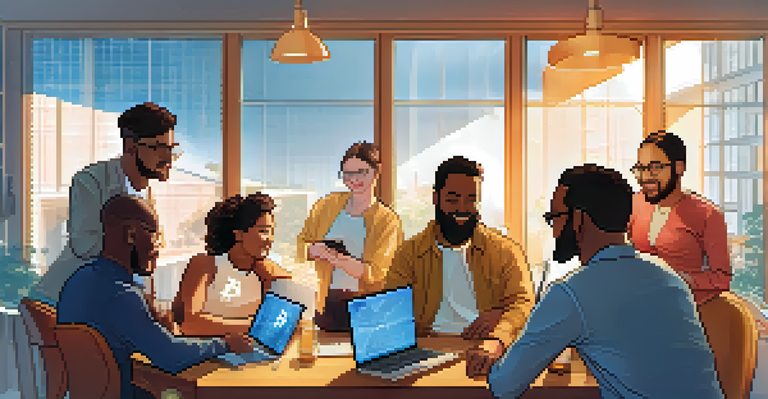 A diverse group discussing Bitcoin with charts on a laptop in a bright room.