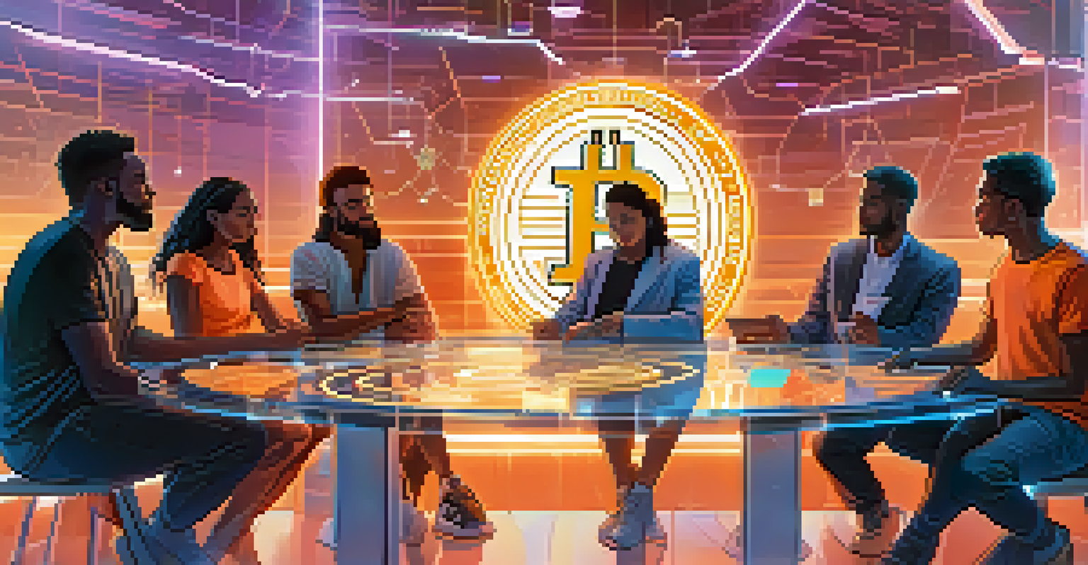 A diverse group of individuals engaging in a discussion about Bitcoin donations for charity in a bright, futuristic setting.