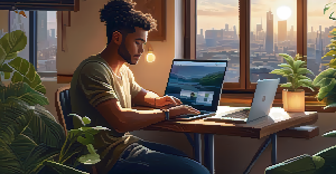 A digital nomad working on a laptop in a cozy cafe with plants and warm lighting, with a bustling city view outside.