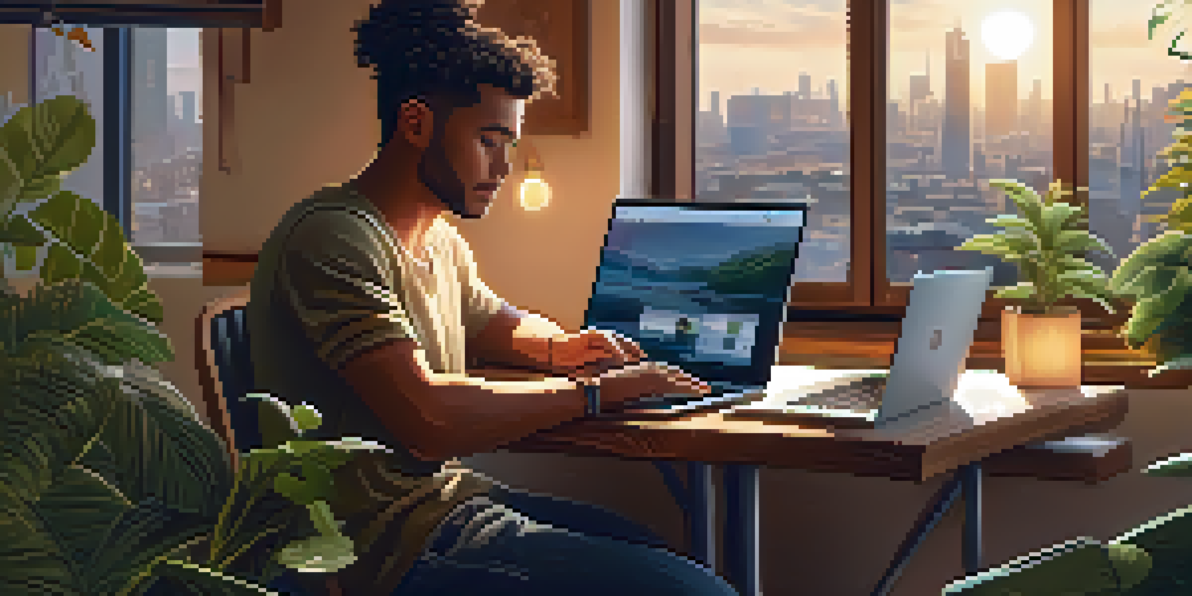 A digital nomad working on a laptop in a cozy cafe with plants and warm lighting, with a bustling city view outside.