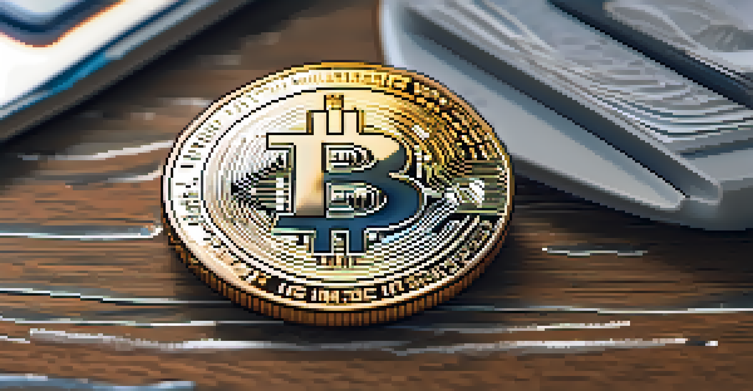 A detailed close-up of a Bitcoin coin on a wooden surface with a laptop in the background.