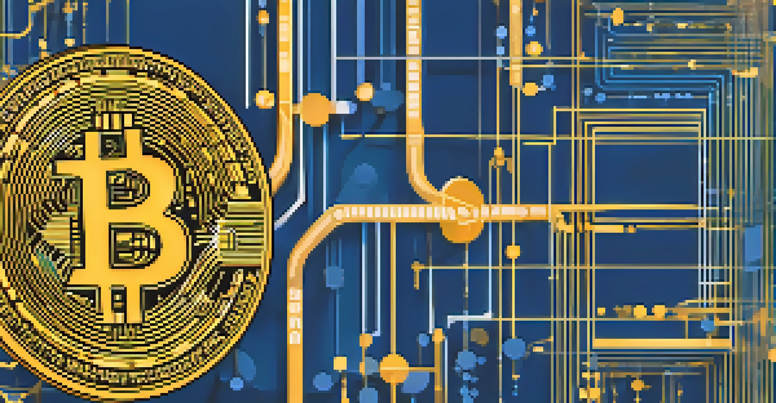 An artistic representation of Bitcoin and DeFi, showcasing interconnected nodes and blockchain symbols in blue and gold colors.