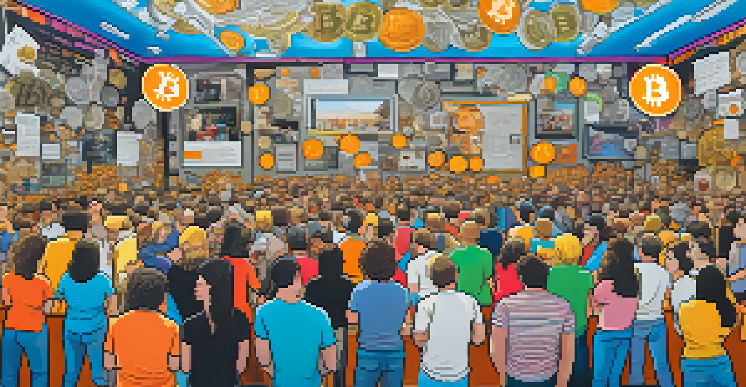 A colorful wall covered with Bitcoin memes and infographics, with young people laughing and discussing in front of it.