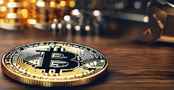 A golden Bitcoin coin on a wooden table with a blurred digital screen in the background.