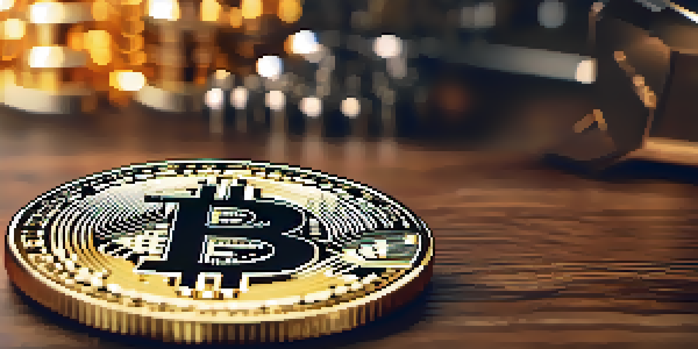 A golden Bitcoin coin on a wooden table with a blurred digital screen in the background.