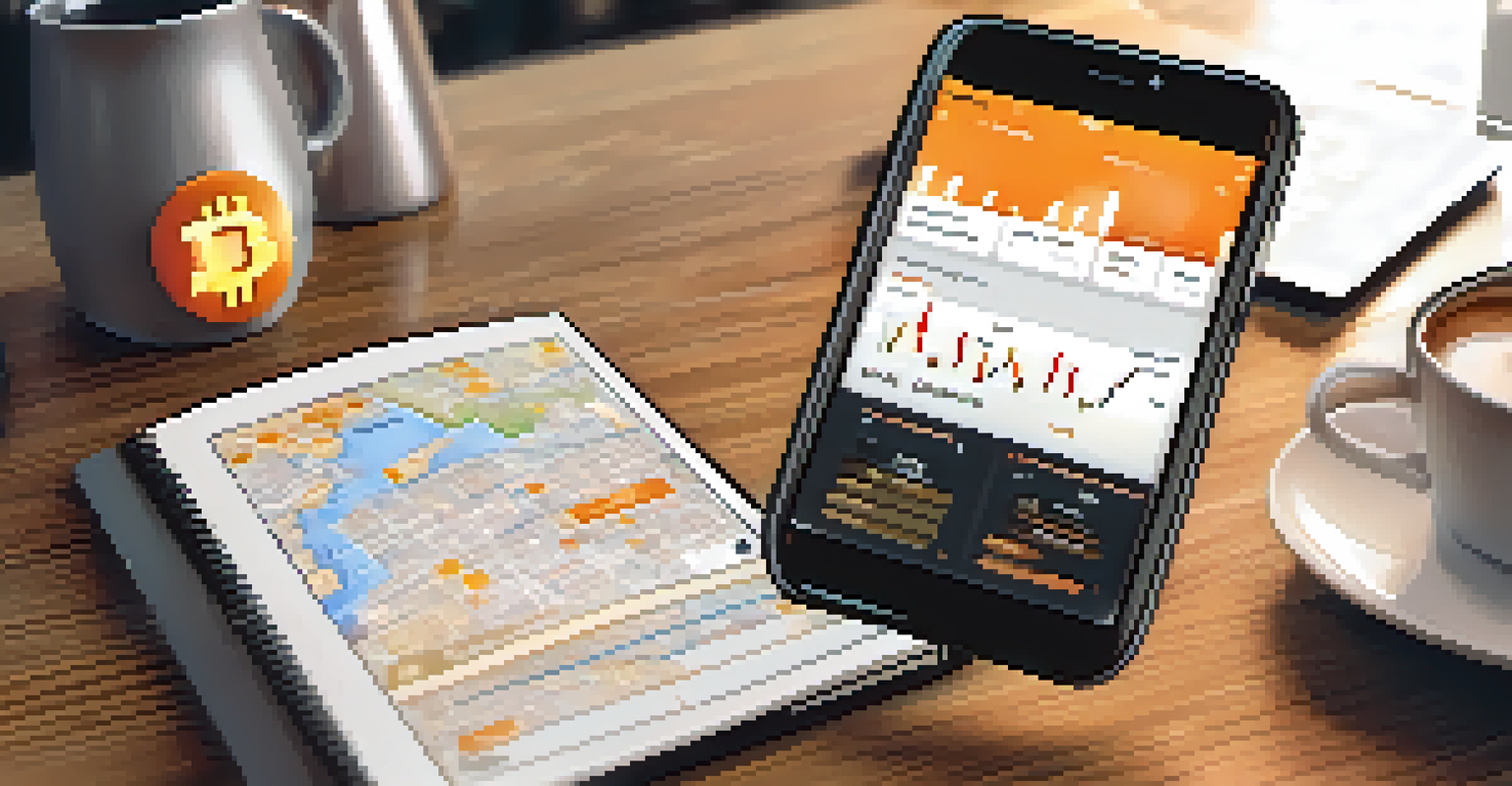 A close-up of a smartphone showing a cryptocurrency trading app with Bitcoin charts, set in a cozy coffee shop.