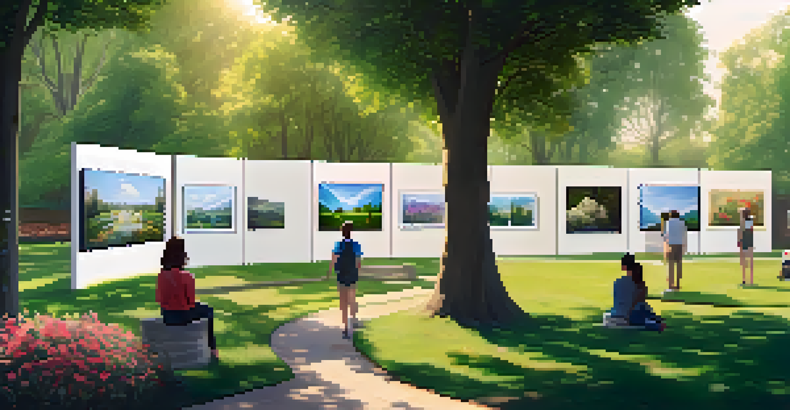 A digital art gallery in a park with visitors viewing NFTs on modern screens under warm sunlight.