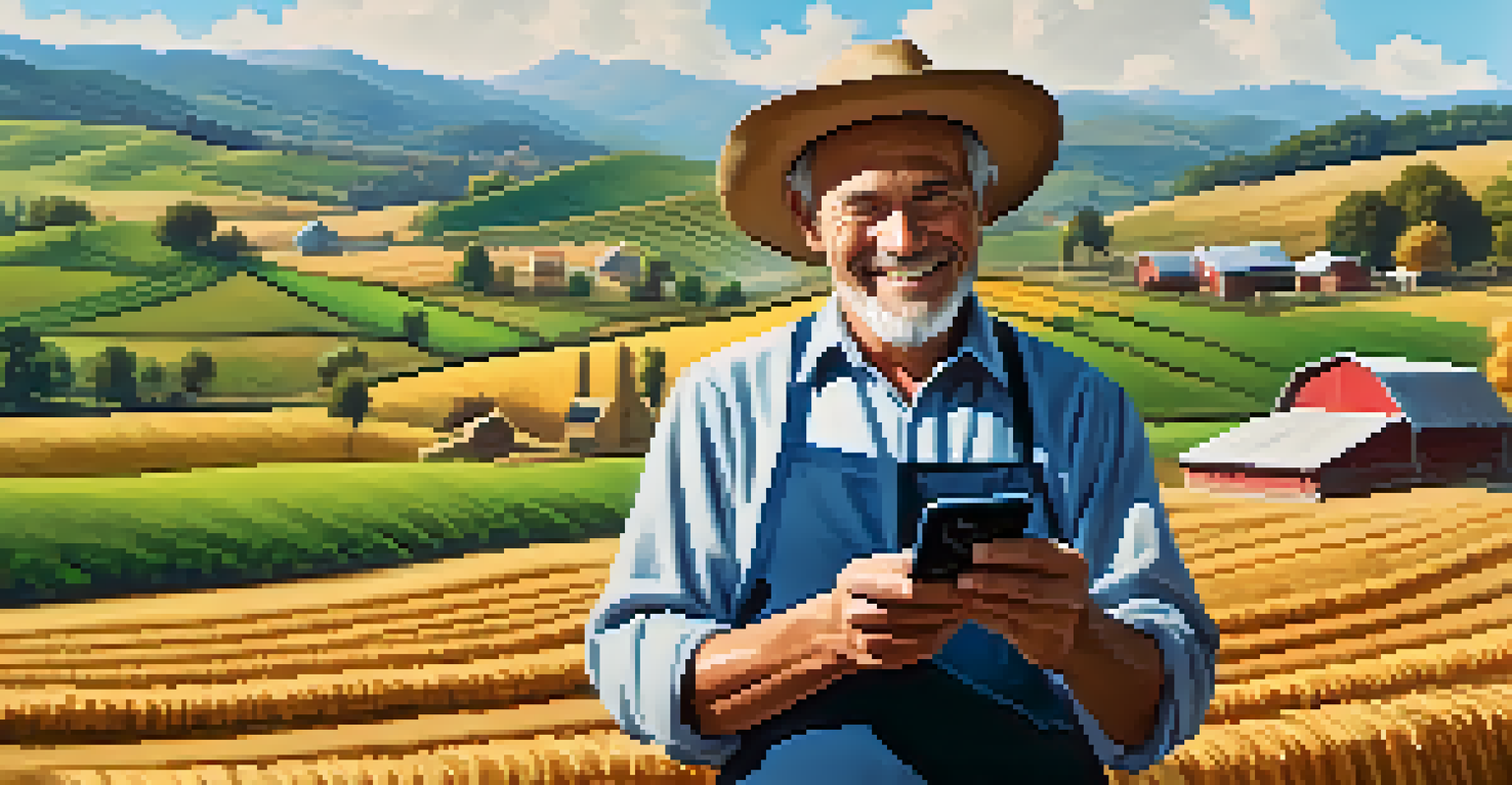 A rural farmer happily using a smartphone to send Bitcoin, with rolling hills and a farm in the background.