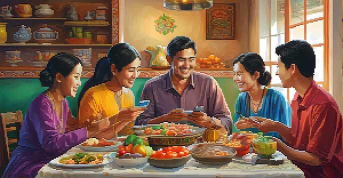 A happy family at a dining table, celebrating the receipt of money through a smartphone, with traditional food around them.
