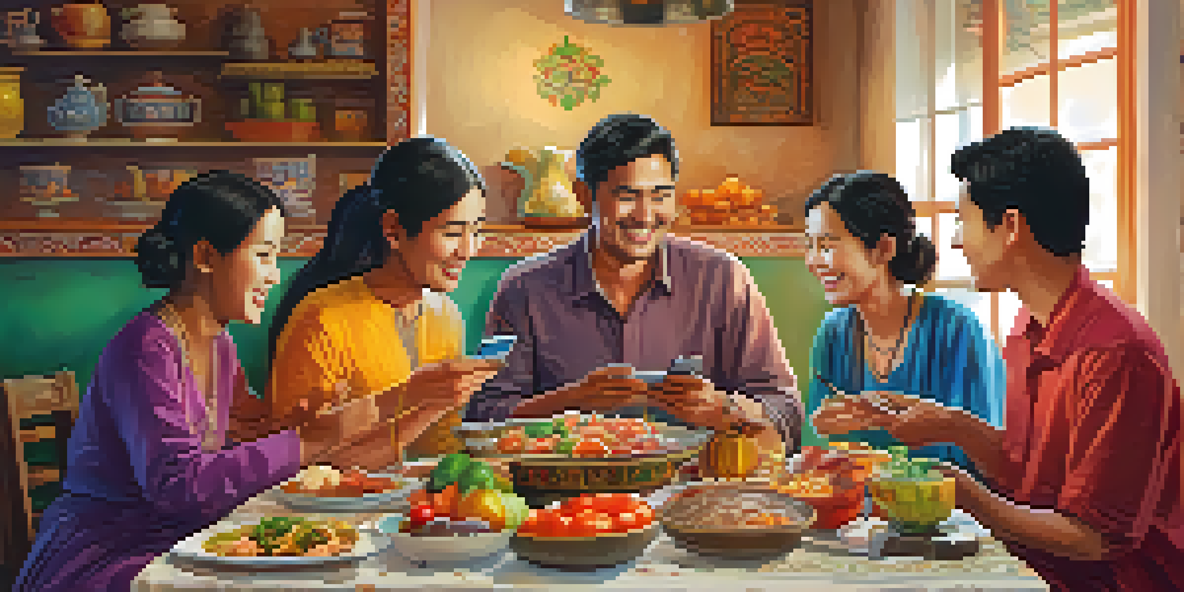 A happy family at a dining table, celebrating the receipt of money through a smartphone, with traditional food around them.