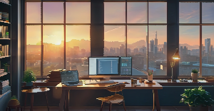 A cozy home office of a trader with a view of the city at sunset, featuring trading charts and a laptop showing Bitcoin trends.