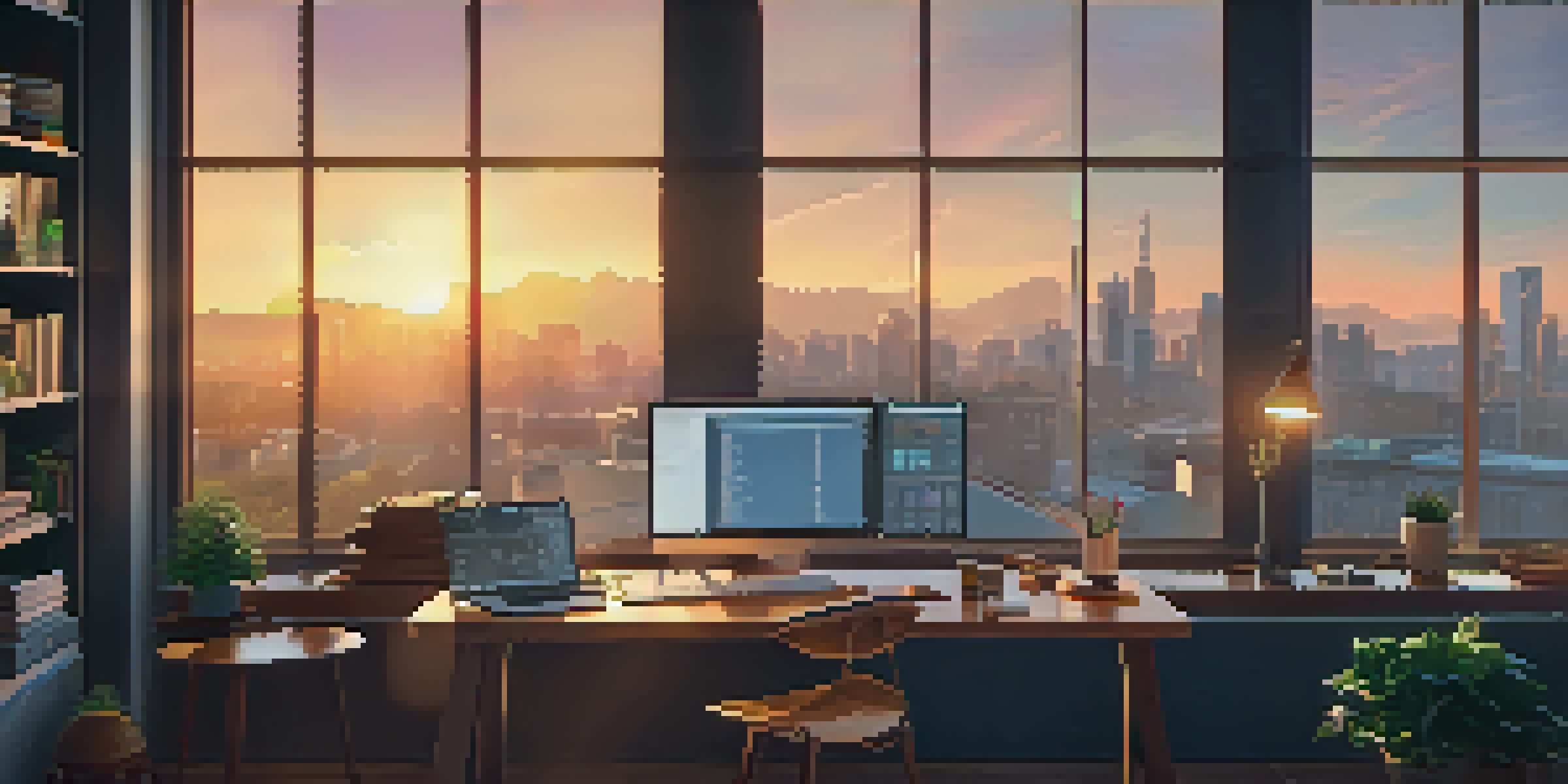 A cozy home office of a trader with a view of the city at sunset, featuring trading charts and a laptop showing Bitcoin trends.
