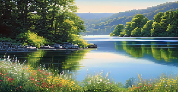 A calm lake with green hills and a clear blue sky, sunlight reflecting on the water, and colorful wildflowers in the foreground.
