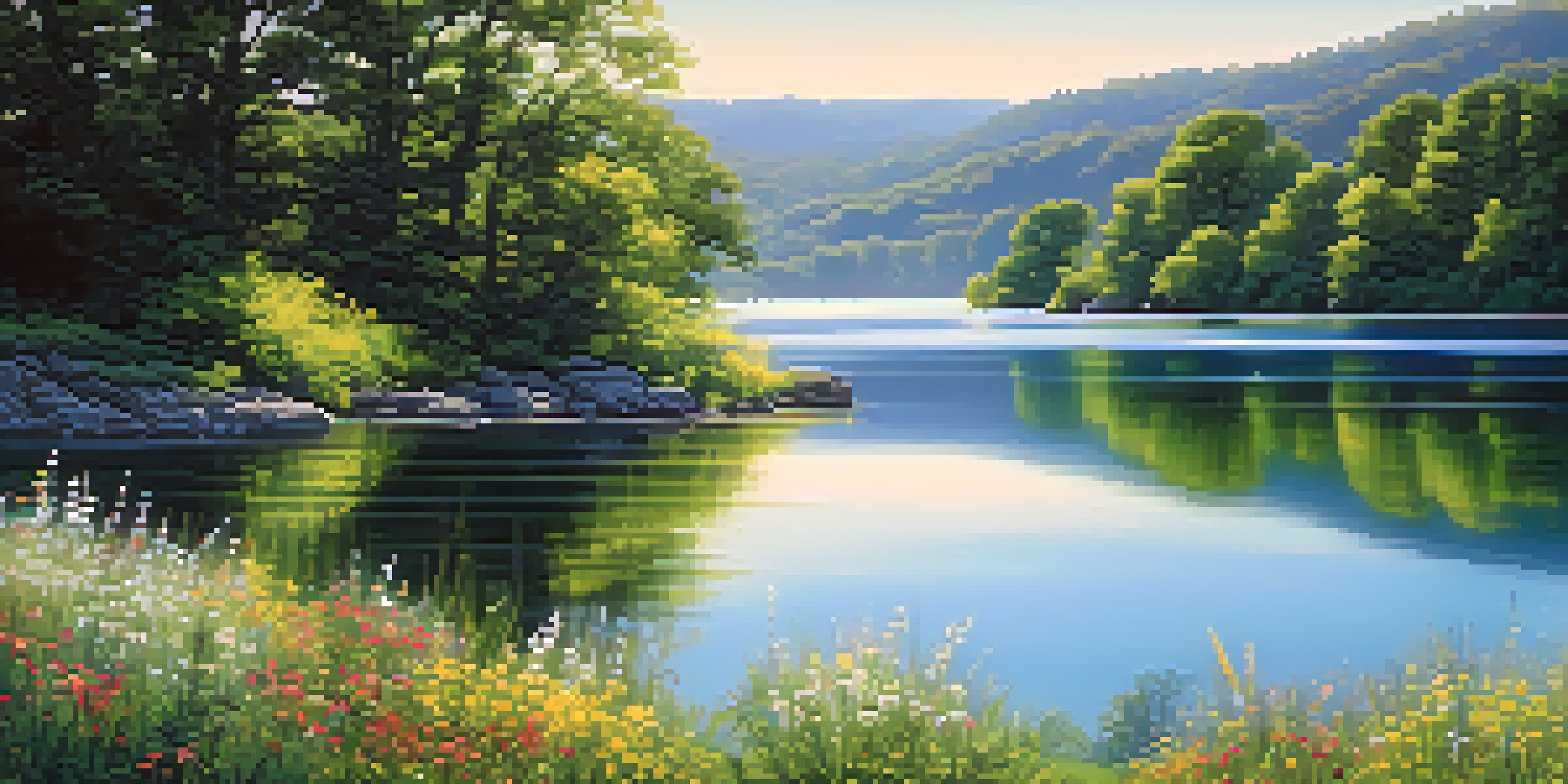A calm lake with green hills and a clear blue sky, sunlight reflecting on the water, and colorful wildflowers in the foreground.
