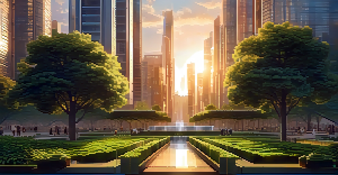 A city skyline with skyscrapers and parks, overlaid with Bitcoin symbols and growth graphs at sunset.