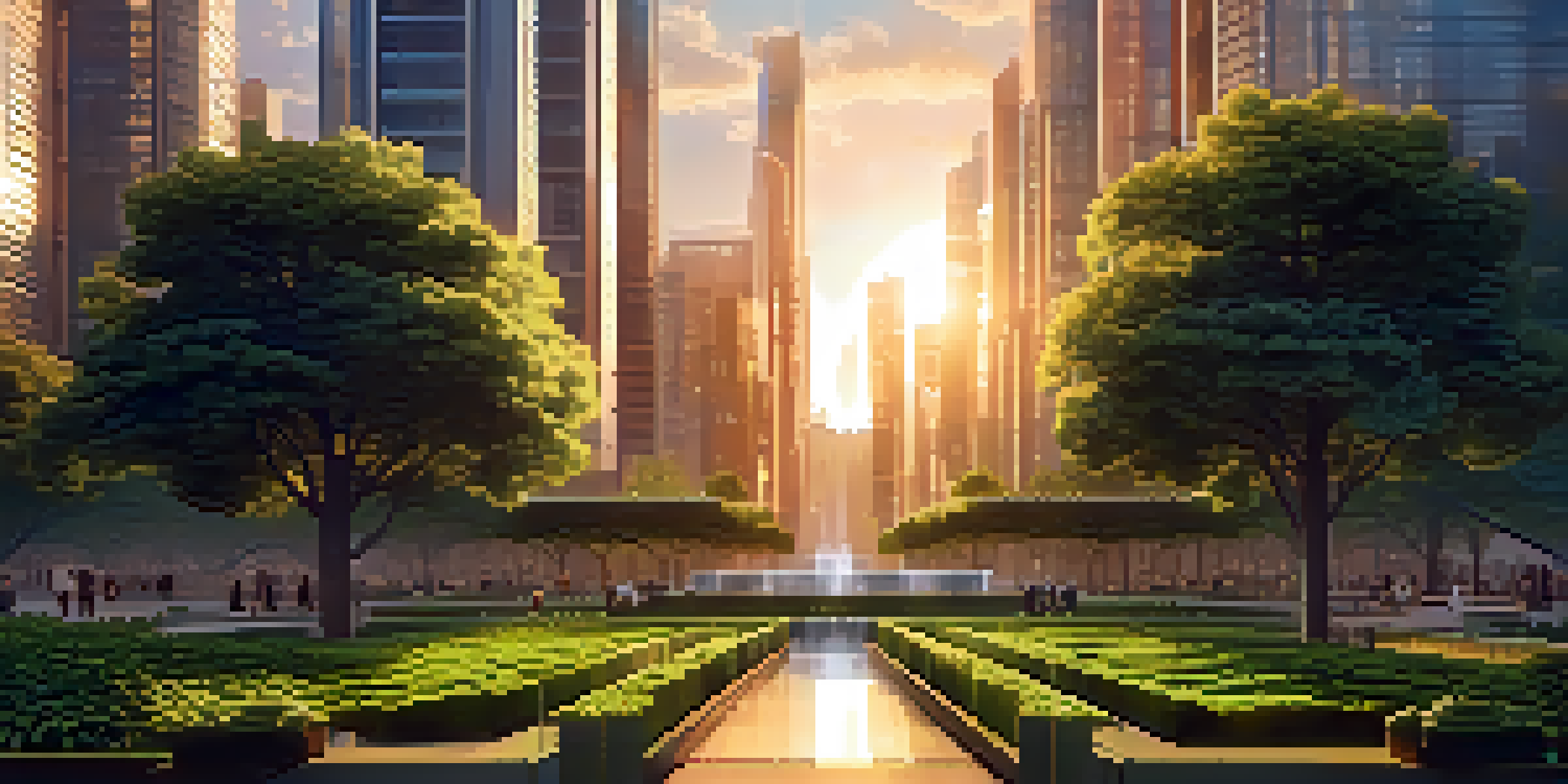 A city skyline with skyscrapers and parks, overlaid with Bitcoin symbols and growth graphs at sunset.