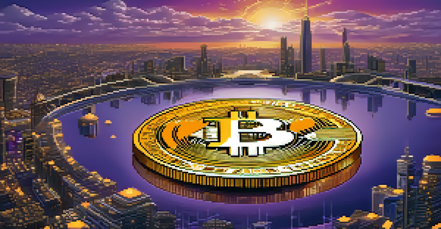 A golden Bitcoin coin floating above a digital landscape with altcoin symbols and a futuristic city skyline at dusk.