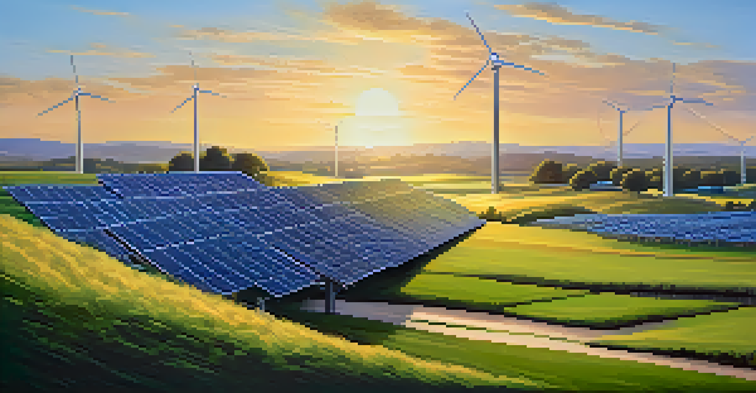 A renewable energy farm featuring wind turbines and solar panels in a lush green landscape at sunrise.