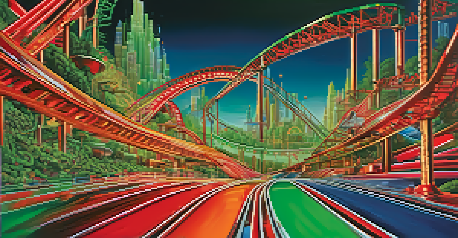 An abstract rollercoaster track made of Bitcoin coins, surrounded by a red and green gradient representing market volatility.