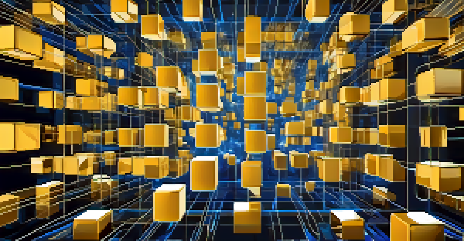 An abstract visualization of a Bitcoin blockchain with glowing interconnected blocks in blue and gold colors.