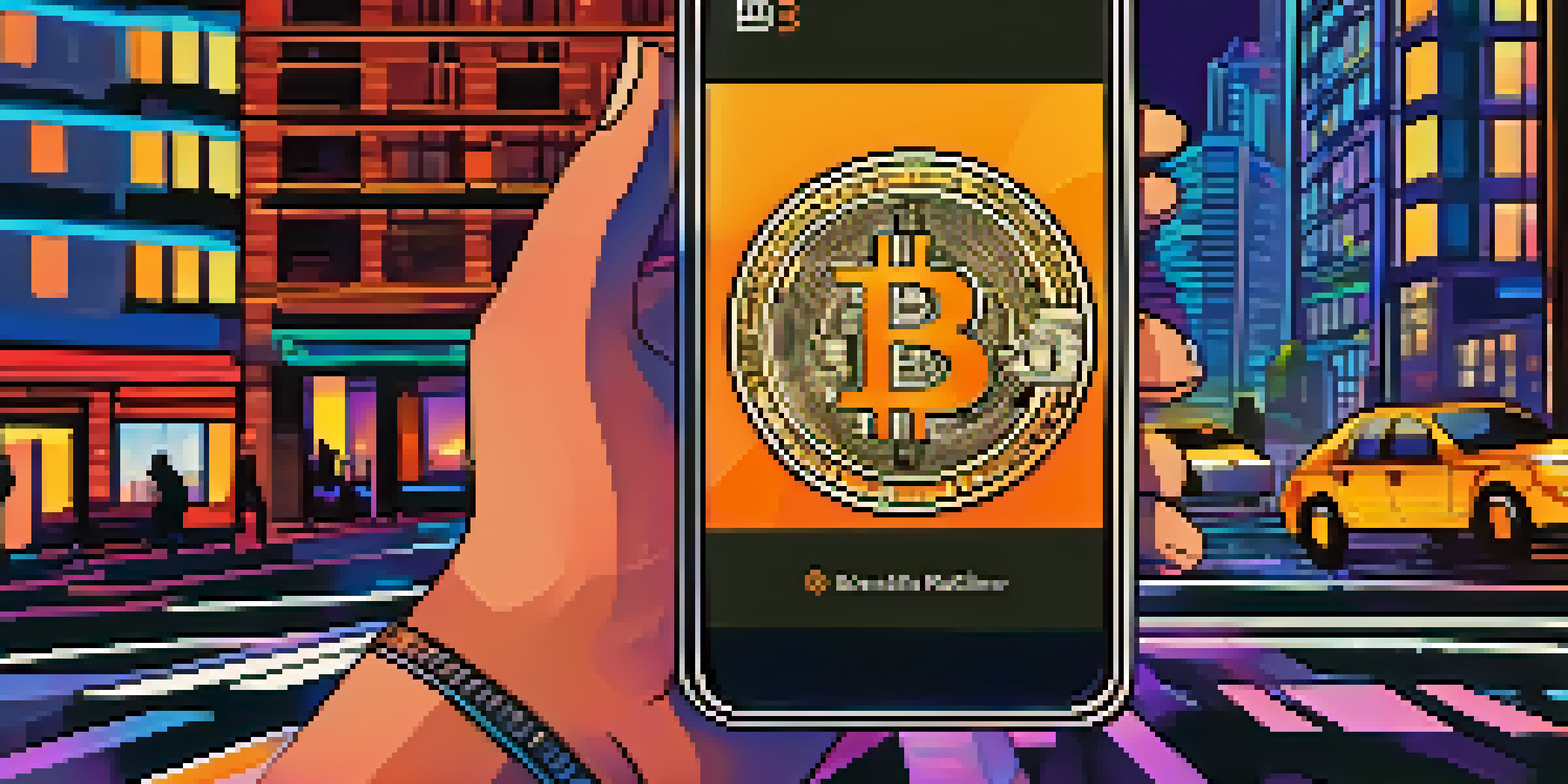 A smartphone showing a Bitcoin wallet interface with city lights in the background.