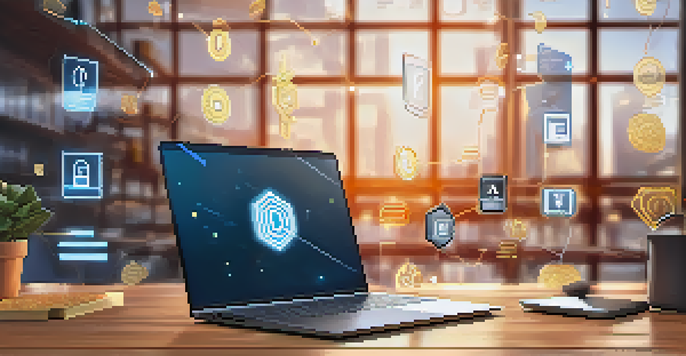 A modern digital workspace with a laptop showing a blockchain interface and digital identity verification icons on a wooden desk.