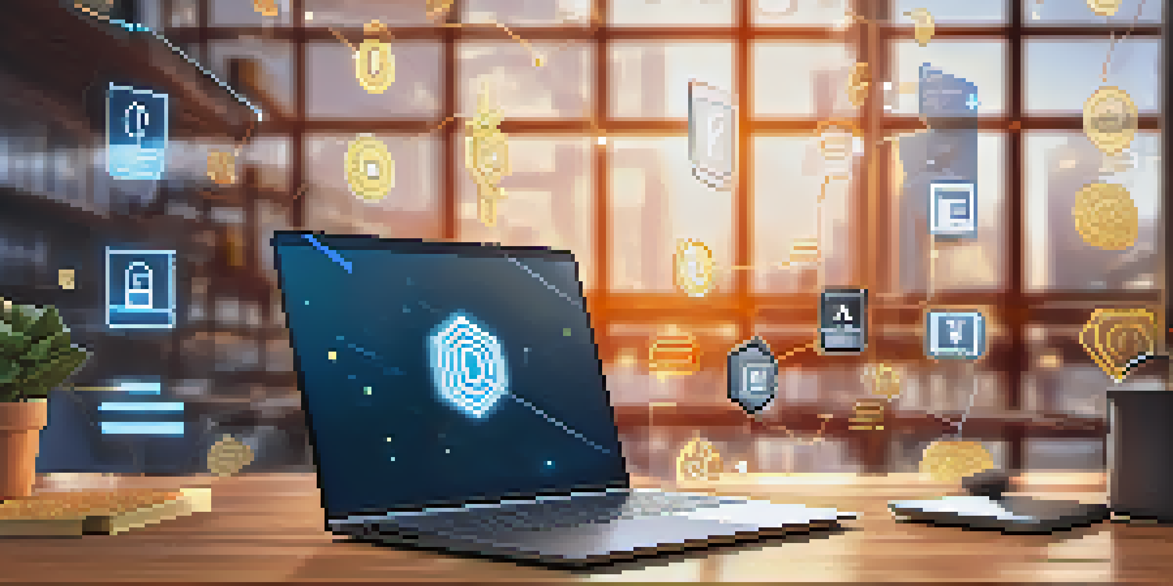 A modern digital workspace with a laptop showing a blockchain interface and digital identity verification icons on a wooden desk.
