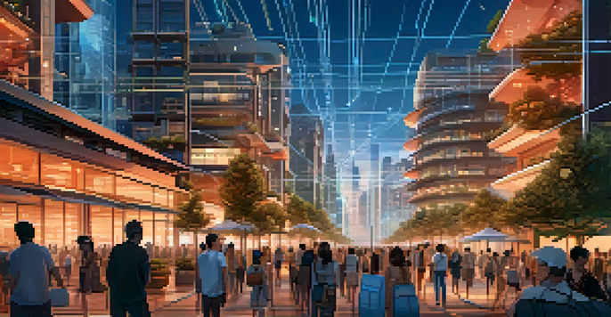 A vibrant futuristic city with glowing lines representing blockchain networks, diverse buildings, and people using technology under a sunset sky.