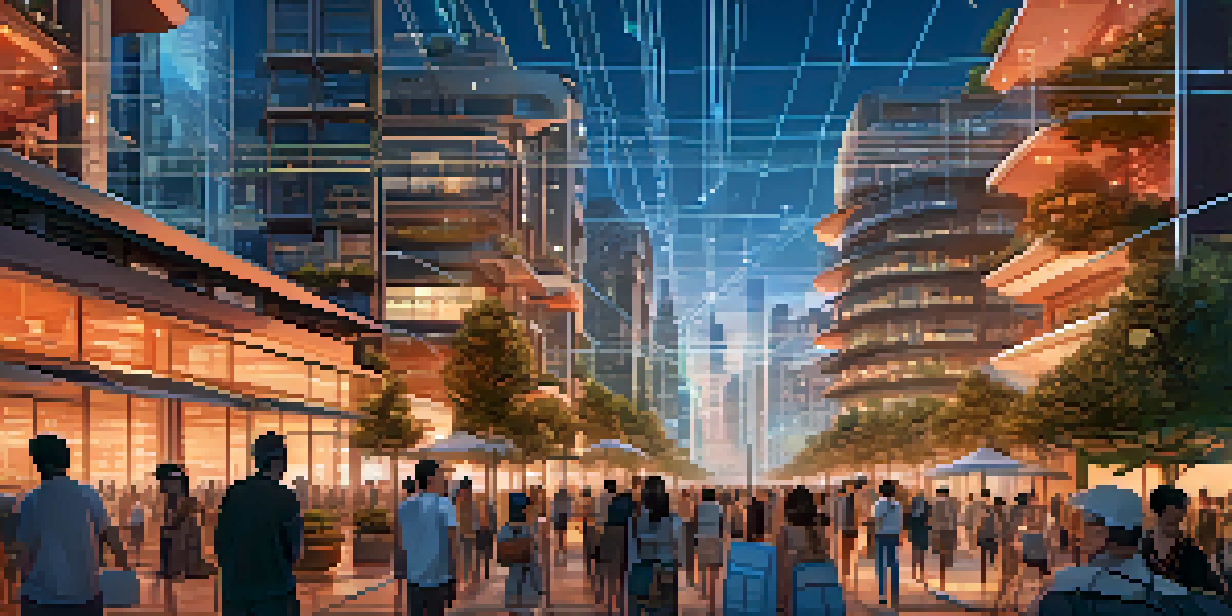 A vibrant futuristic city with glowing lines representing blockchain networks, diverse buildings, and people using technology under a sunset sky.
