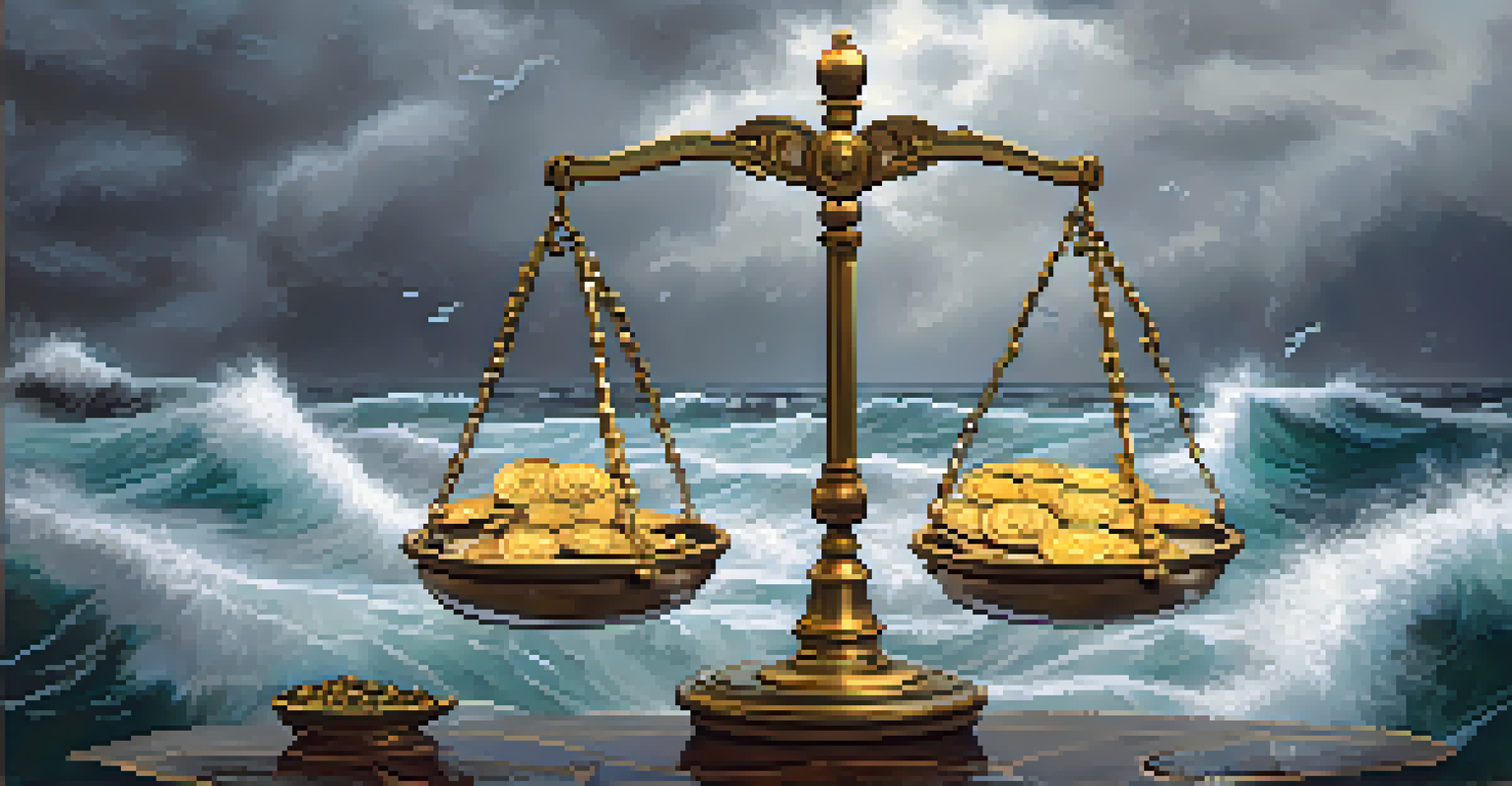 A balance scale with Bitcoin on one side and gold coins on the other, against a stormy sea backdrop.