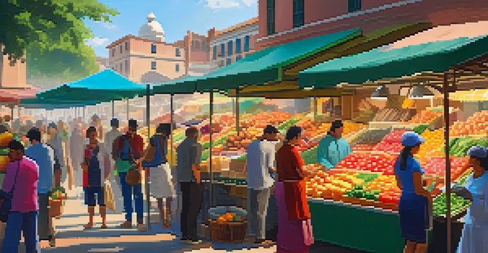 A vibrant outdoor market with merchants accepting Bitcoin Cash, featuring colorful stalls and customers engaging in transactions under bright sunlight.