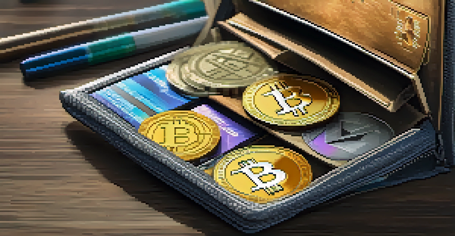 A close-up of a wallet containing different cryptocurrencies on a textured background.
