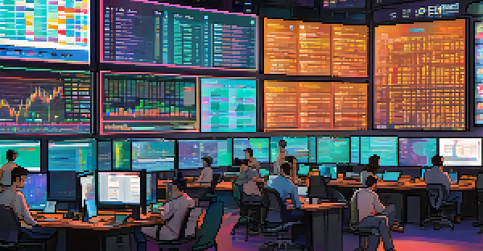 A bustling cryptocurrency trading floor with traders focused on multiple screens showing Bitcoin prices, surrounded by colorful graphs and charts.