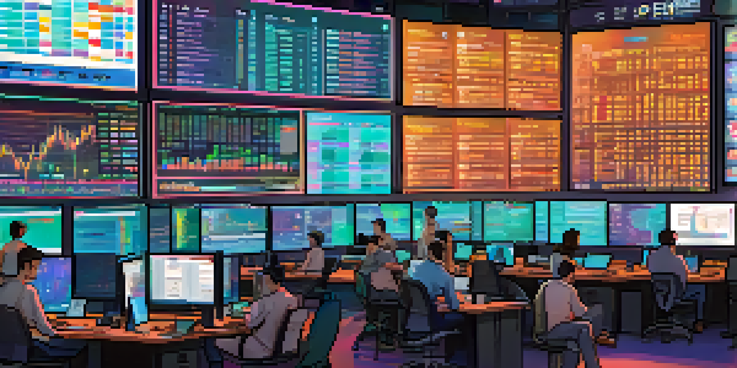 A bustling cryptocurrency trading floor with traders focused on multiple screens showing Bitcoin prices, surrounded by colorful graphs and charts.