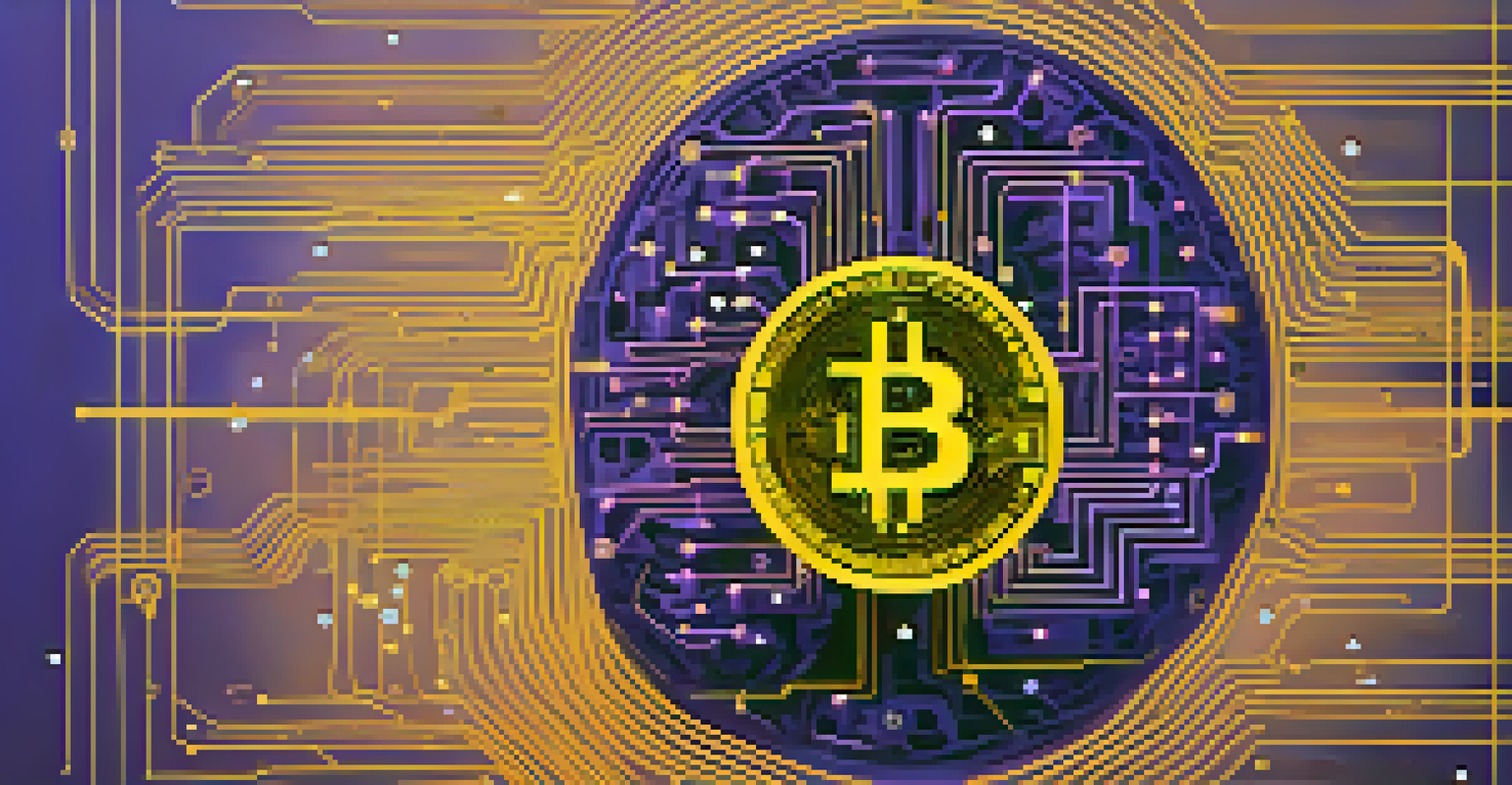 An abstract image of a brain made of circuits, representing machine learning analyzing Bitcoin data with floating numbers and graphs.