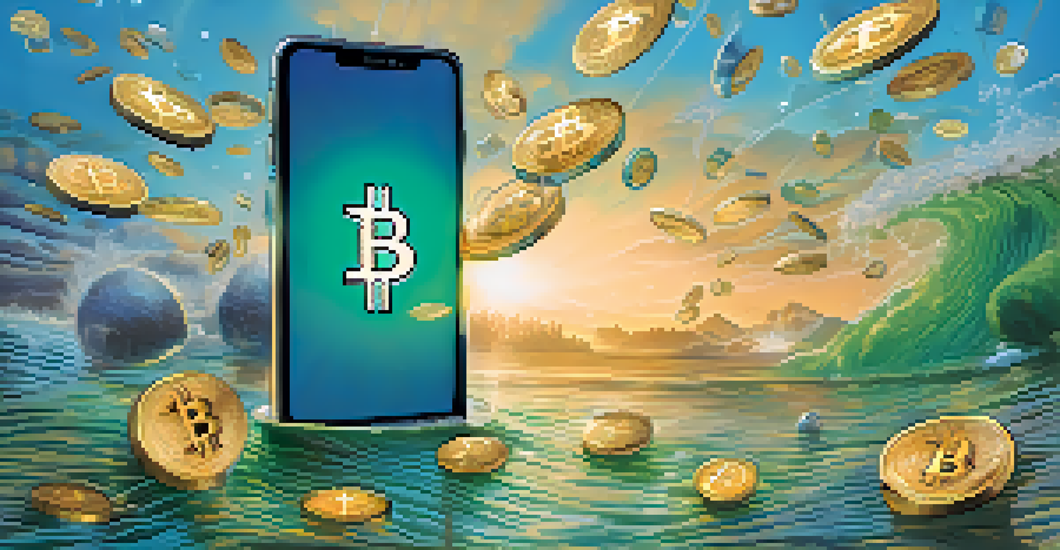 A digital wallet filled with Bitcoin symbols, surrounded by images representing various charitable causes like education and healthcare.