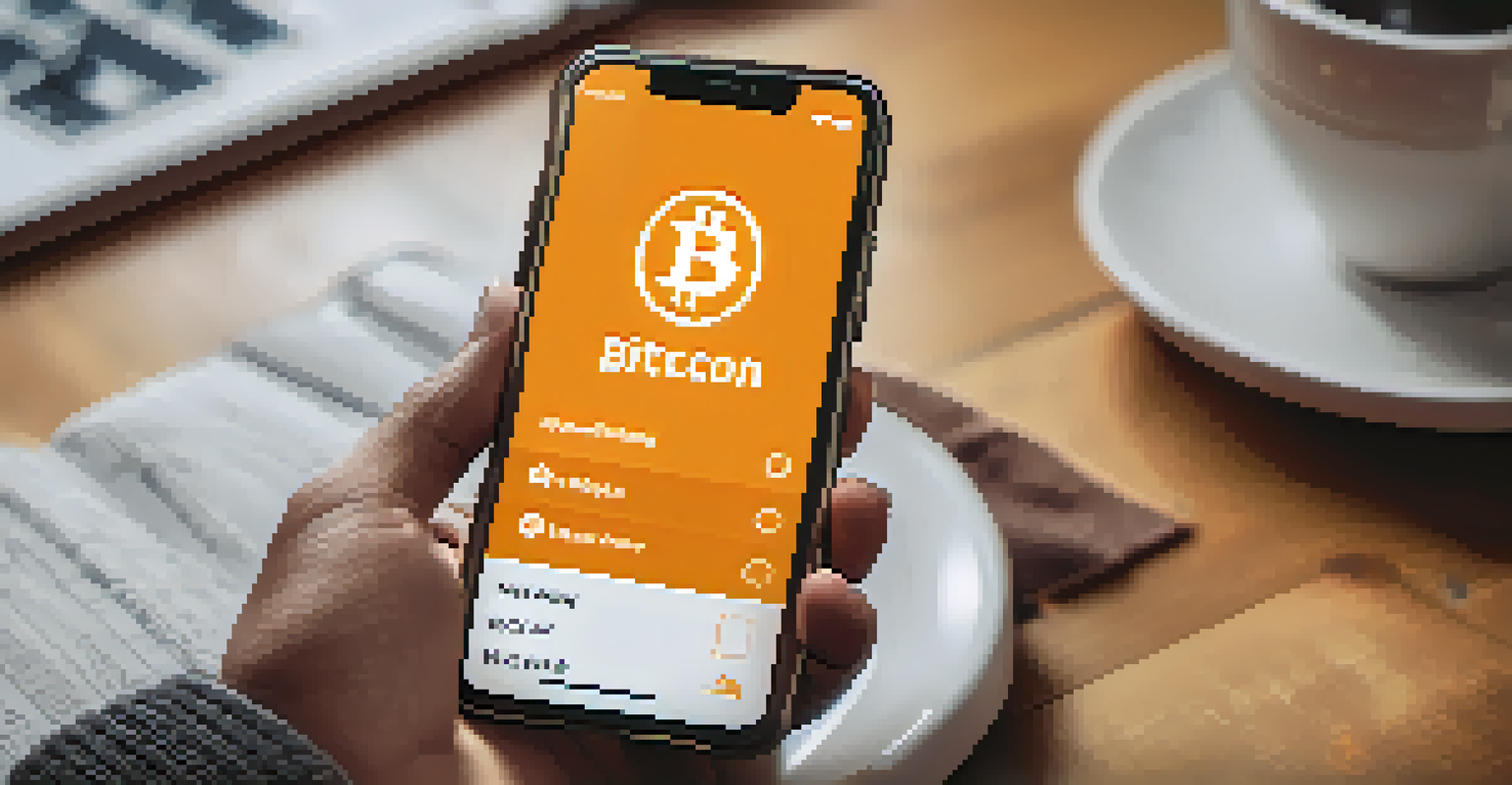 A close-up of a hand using a smartphone with a Bitcoin wallet app, surrounded by books and a coffee cup on a desk.