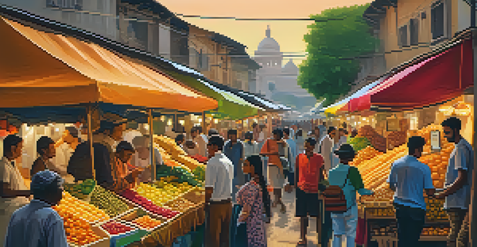A lively street market where people are using smartphones to engage in transactions, surrounded by colorful stalls and a warm sunset.