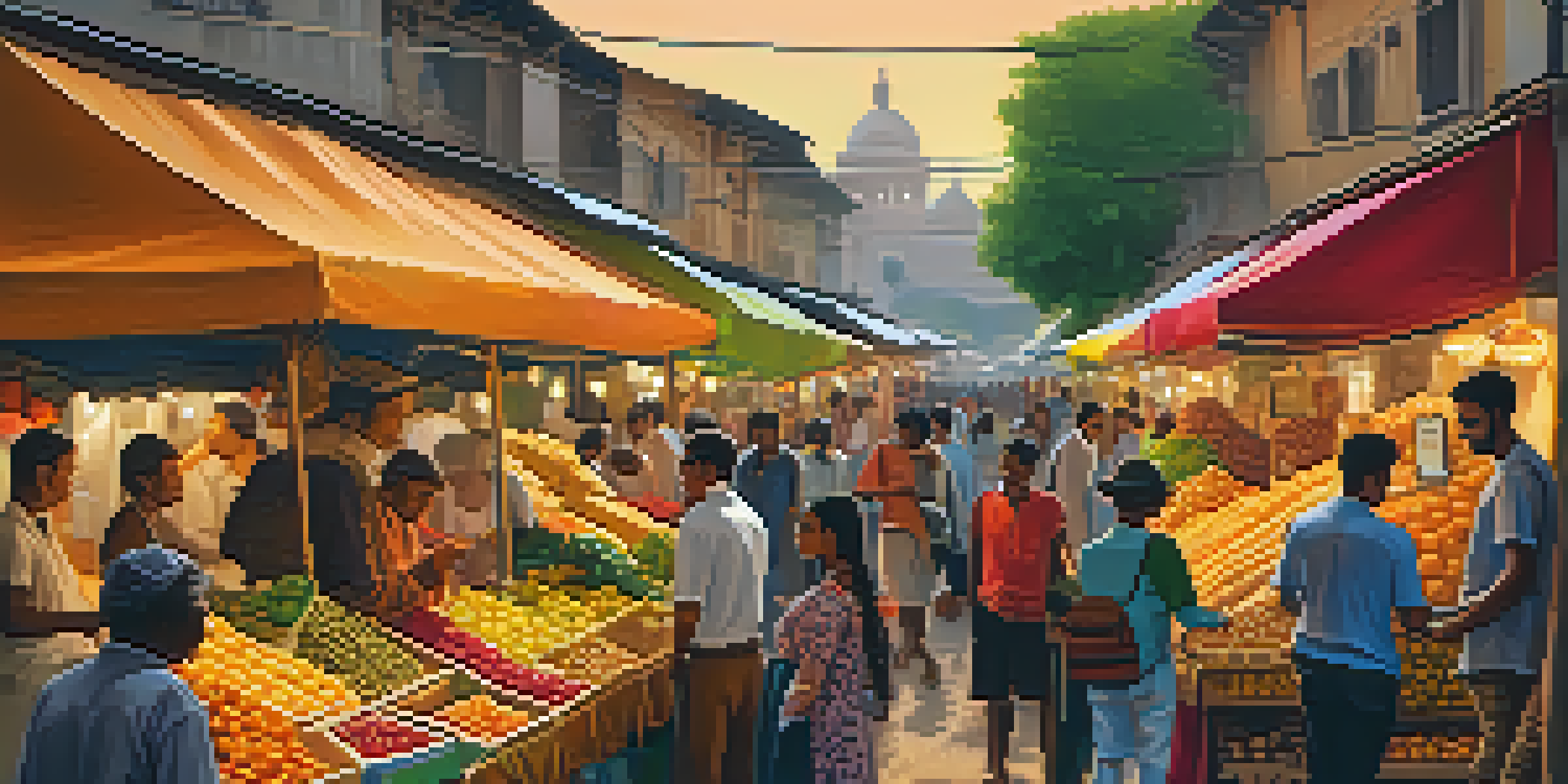 A lively street market where people are using smartphones to engage in transactions, surrounded by colorful stalls and a warm sunset.