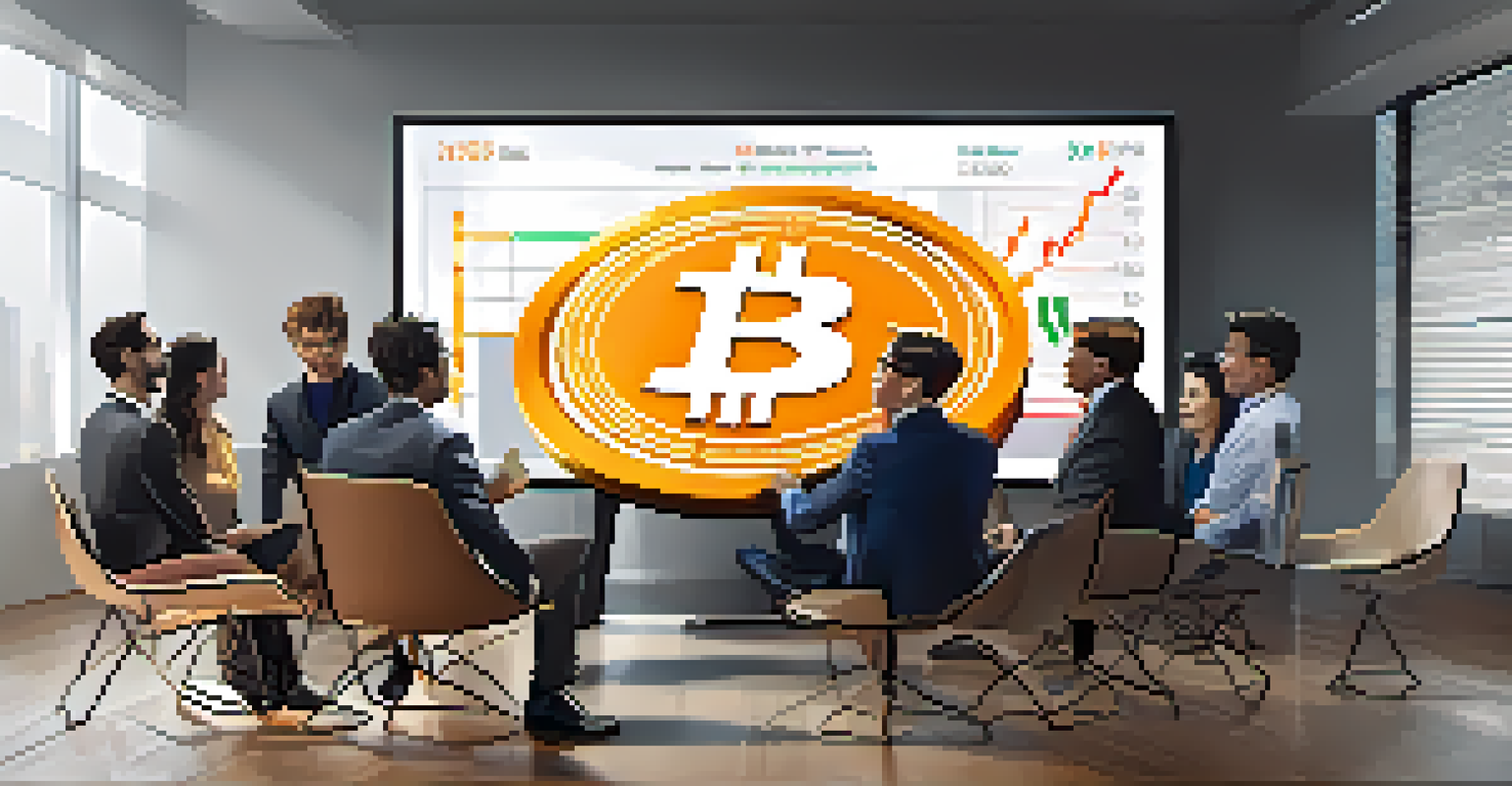 A group of investors in a modern office looking at a large screen showing a bitcoin price chart.