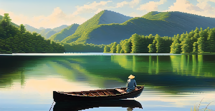 A peaceful lake surrounded by green mountains, with a boat floating on the water and clear blue skies above.