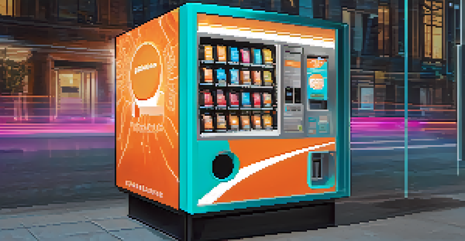 A modern digital vending machine visually representing smart contracts, with a user inserting Bitcoin and receiving a digital asset.
